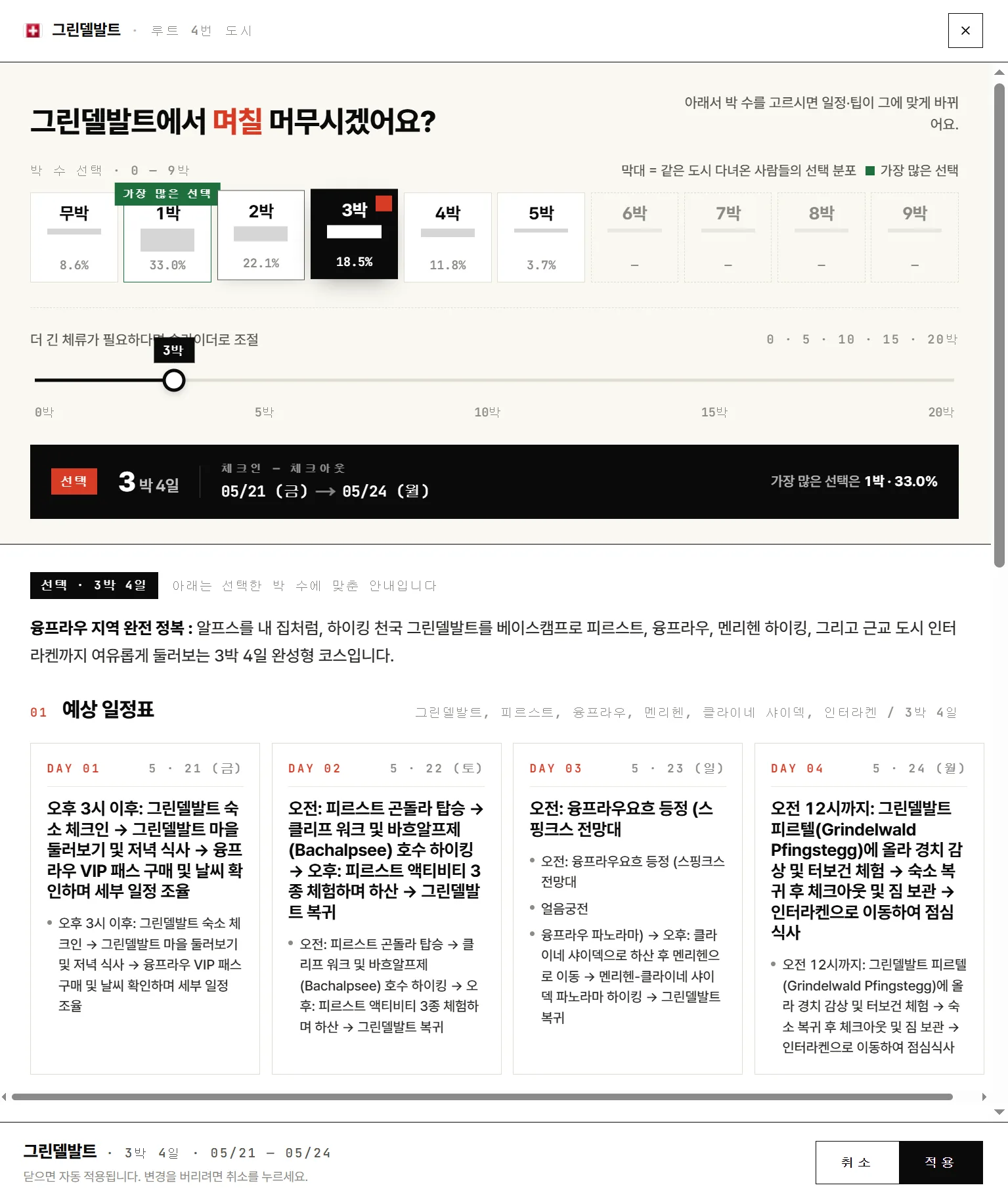 체류 일수 예시 화면 — 그린델발트 박 수 선택과 3박에 맞춘 예상 일정표